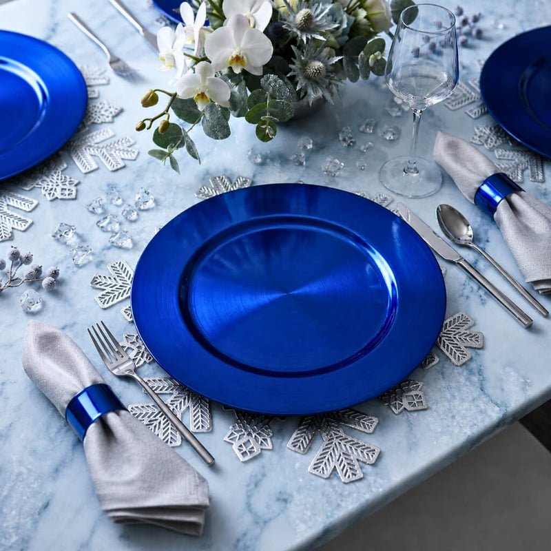 13-inch plain royal blue charger plate on a winter-themed table setting - thumbnail number 2