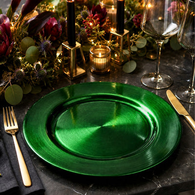 Forest green charger plate on a marble table with candles - thumbnail number 2