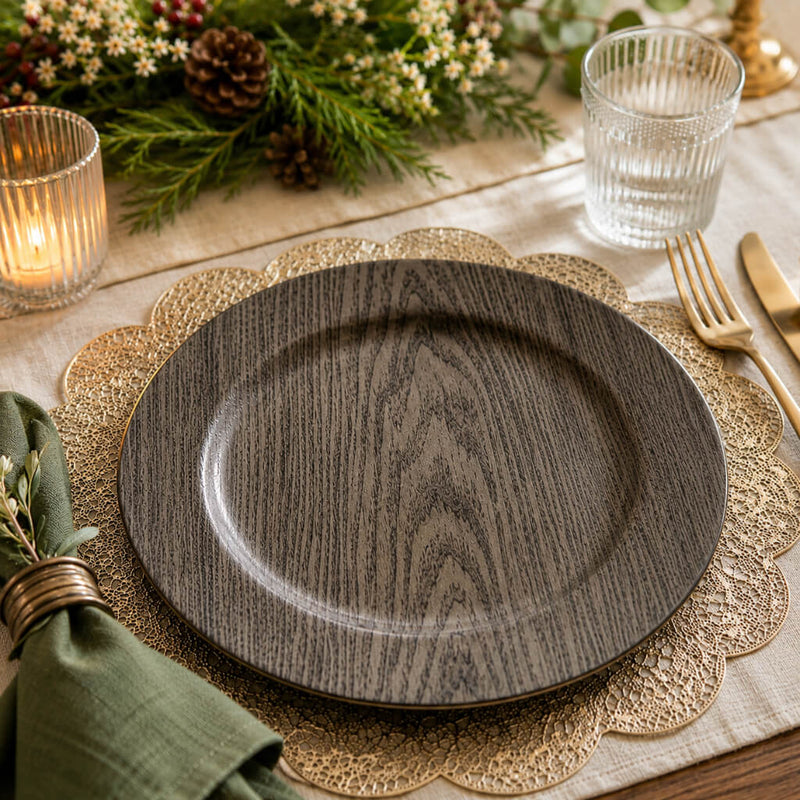 13" woodgrain plain charger plate in a holiday table setting - thumbnail number 5