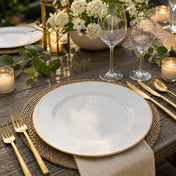 Gold-rimmed plate on a rustic outdoor tablescape - thumbnail number 6