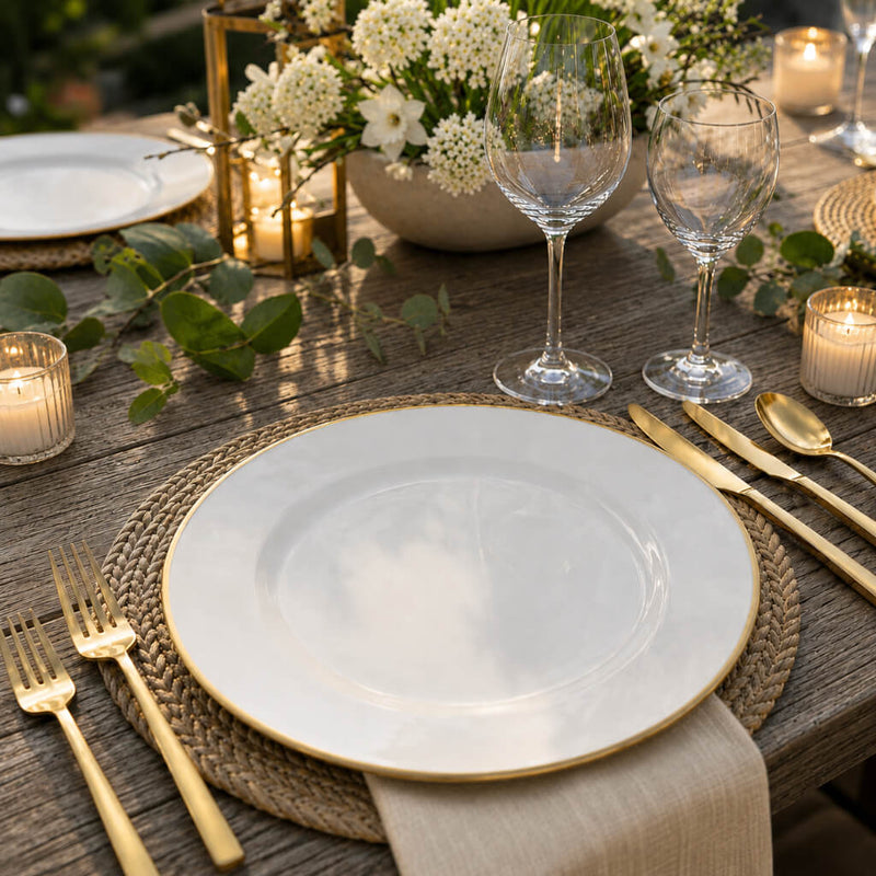 Gold-rimmed plate on a rustic outdoor tablescape - thumbnail number 6