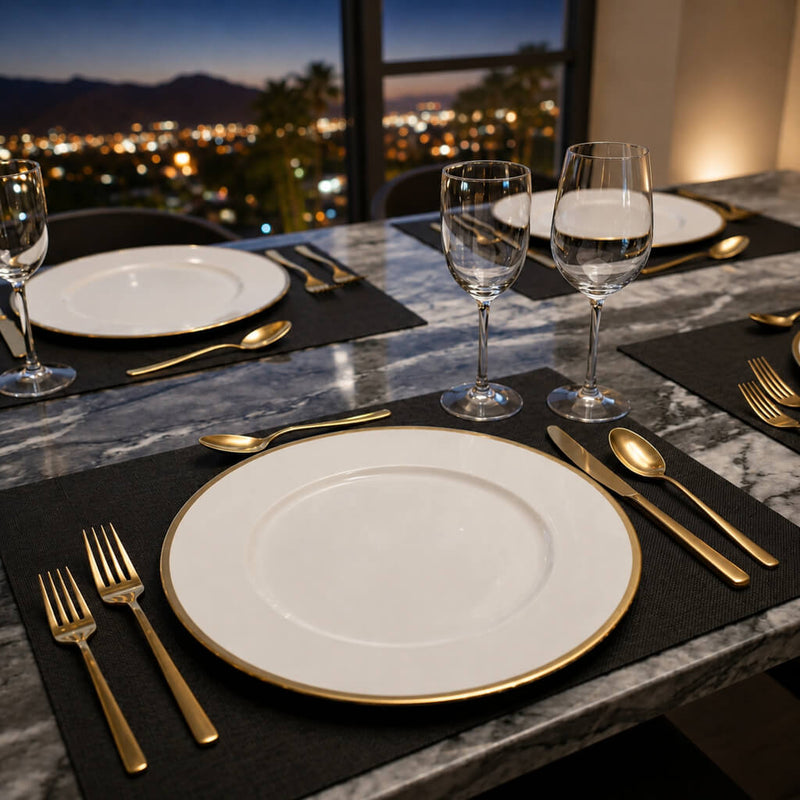 Luxury city view table setting with gold-rimmed plates - thumbnail number 5