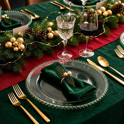 13" green beaded glass charger plate in a holiday table setting - thumbnail number 2