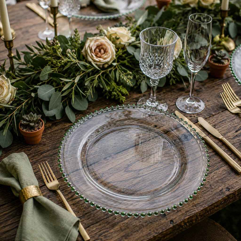 13" green beaded glass charger plate in a rustic table setting - thumbnail number 3
