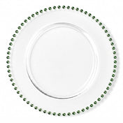 13" green beaded glass charger plate on a white backdrop - thumbnail number 1