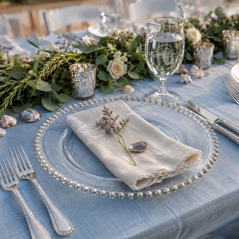 13" silver beaded glass charger plate in coastal table setting - thumbnail number 2
