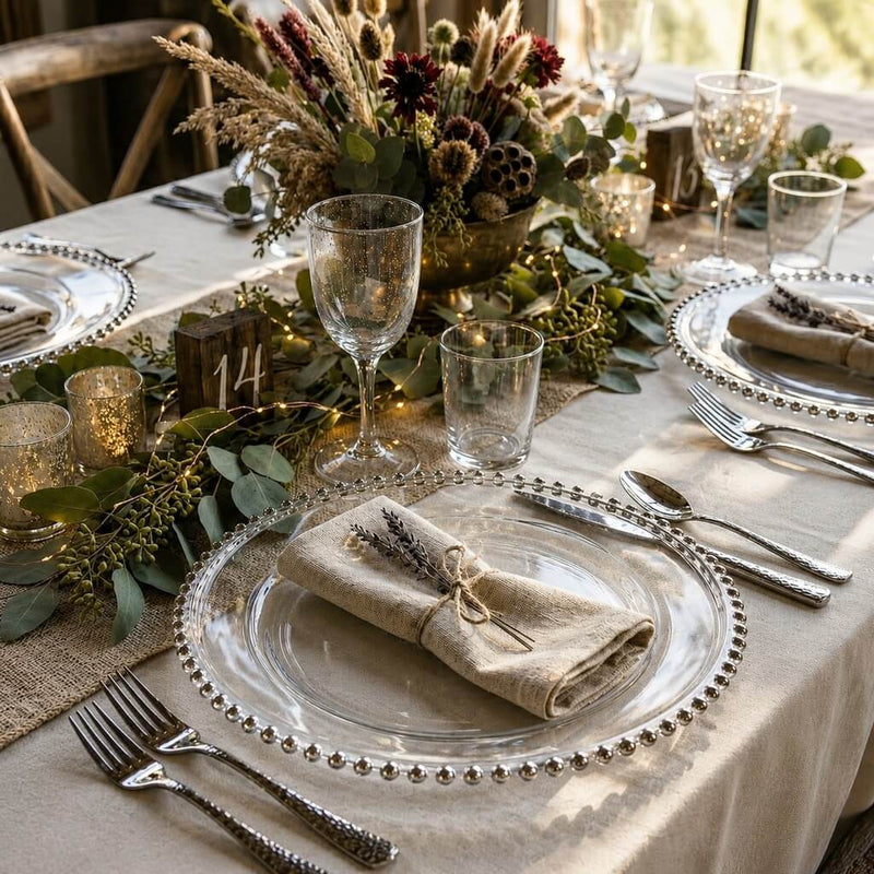 13" silver beaded glass charger plate in a rustic table setting - thumbnail number 4