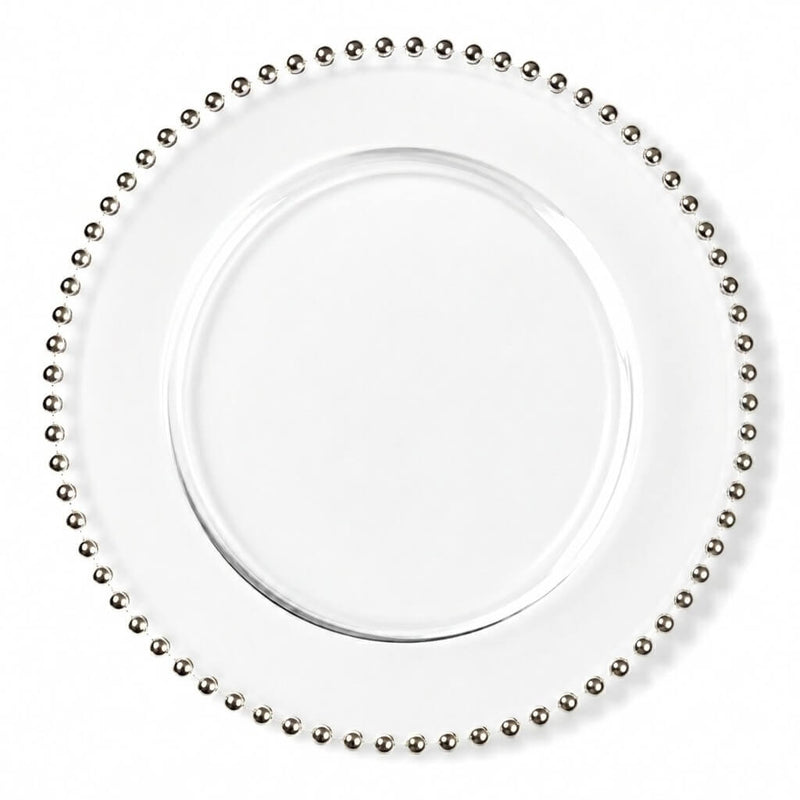 13" silver beaded glass charger plate on a white backdrop - thumbnail number 1