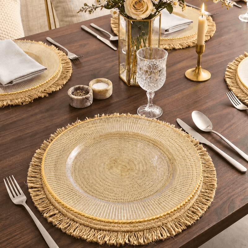 Glass charger plate with gold beaded rim on a fringed placemat set on a wooden table - thumbnail number 5