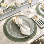 13 inch silver rim glass charger plate on a green fringed placemat at a formal dinner table - thumbnail number 2