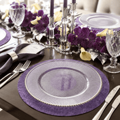13 inch silver rim glass charger plate on a purple placemat at a formal dinner table - thumbnail number 3