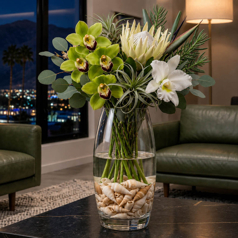 Exotic flower arrangement featuring Conch Shell Vase Filler in a glass vase - thumbnail number 8