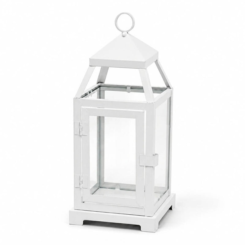 White contemporary metal lantern with clear glass panels on a white backdrop - thumbnail number 1