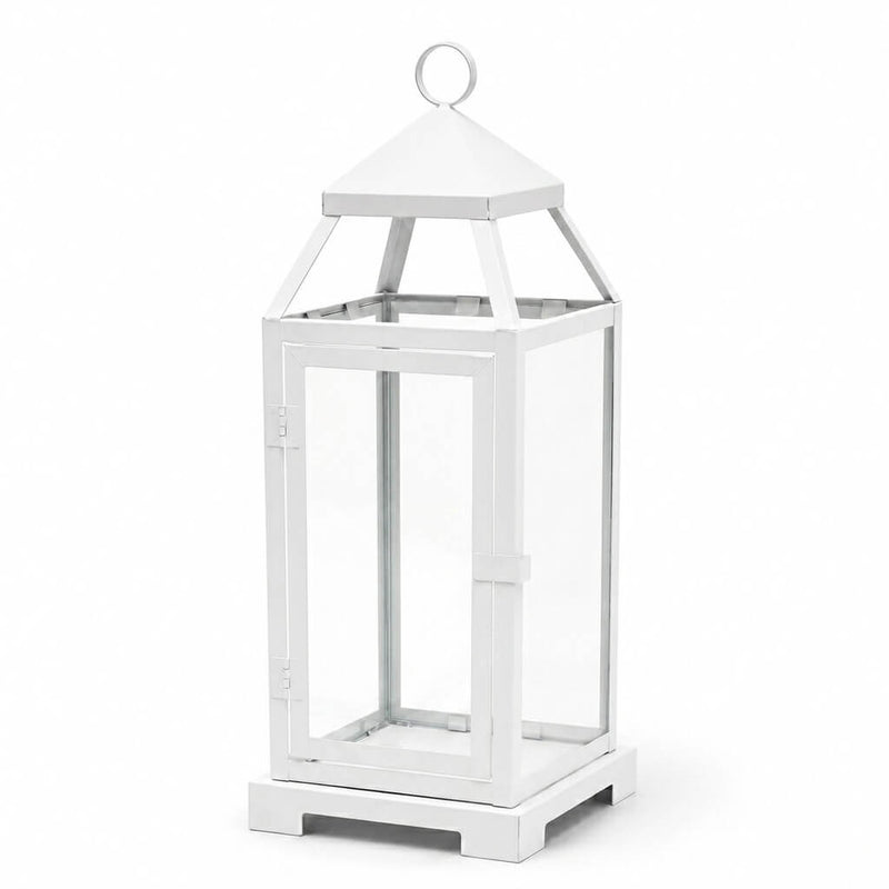 White contemporary metal lantern with clear glass panels on a white backdrop - thumbnail number 1
