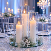 Three lit candles in glass vases with winter greenery on a glitter tabletop - thumbnail number 5