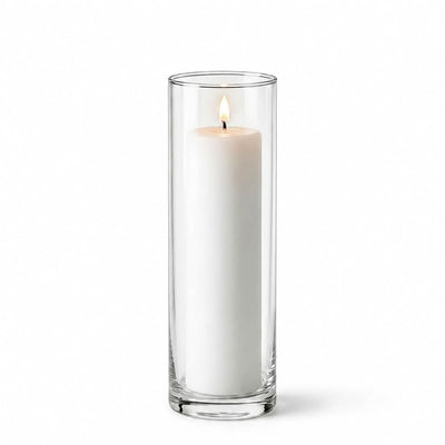 Lit white pillar candle in a Cylinder Vase 3" x 11.75" - thumbnail number 3
