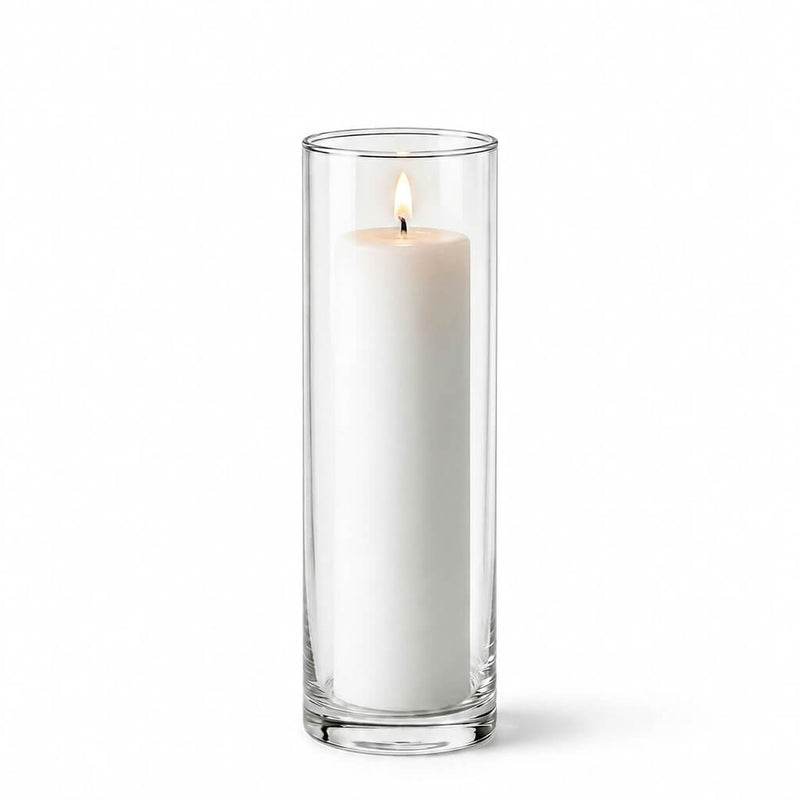 Lit white pillar candle in a Cylinder Vase 3" x 11.75" - thumbnail number 3