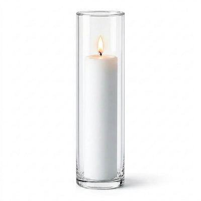 Lit white pillar candle in a Cylinder Vase 3" x 13.75" - thumbnail number 3