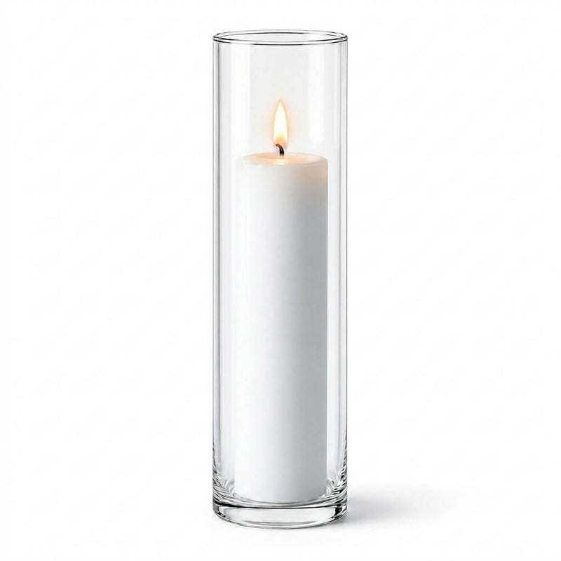 Lit white pillar candle in a Cylinder Vase 3" x 13.75" - thumbnail number 3