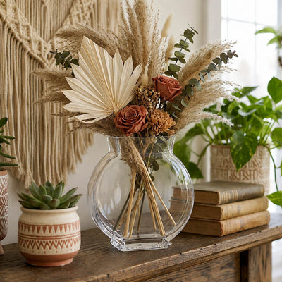 Clear round vase filled with dried flowers, pampas grass, and palm leaf on a wooden table - thumbnail number 7