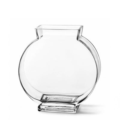 Round clear glass vase with a square opening and base on a white background - thumbnail number 1