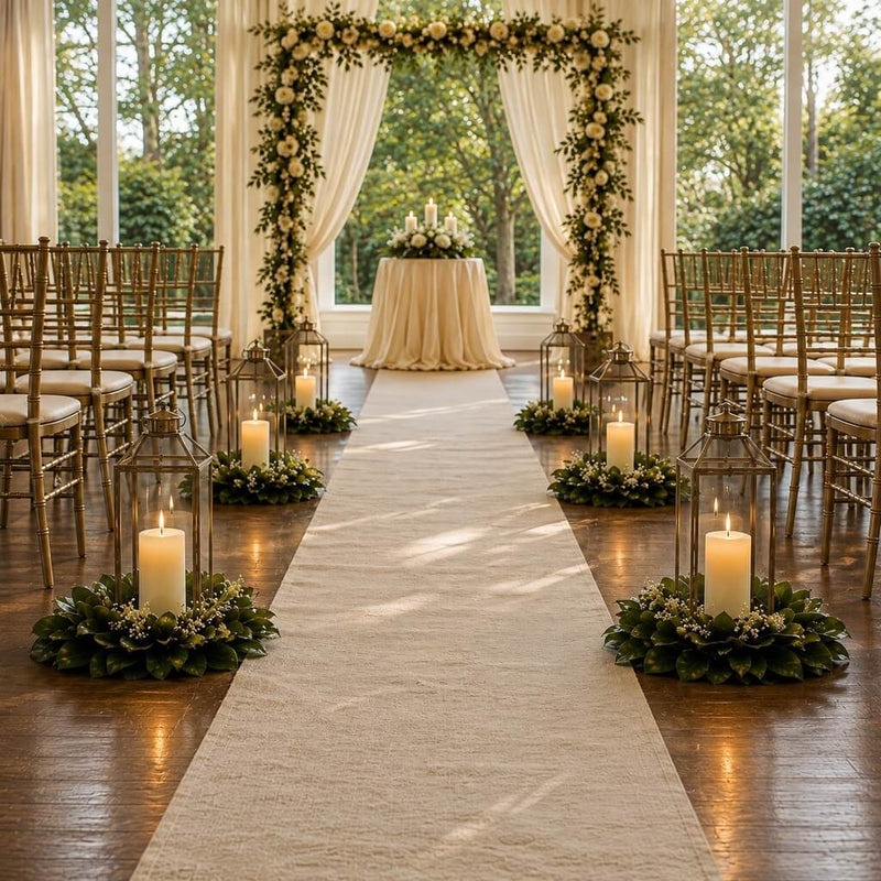 Wedding aisle with magnolia wreath candle lanterns and floral arch - thumbnail number 5