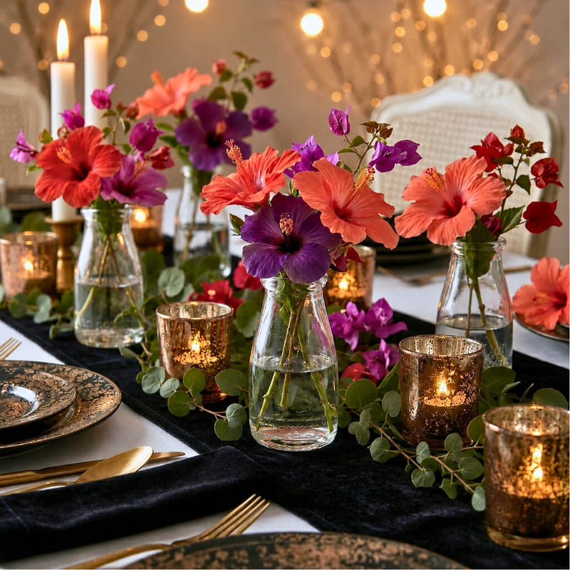 Rhea Bud Vase containing vibrant hibiscus flowers on a dark table runner with gold accents - thumbnail number 6