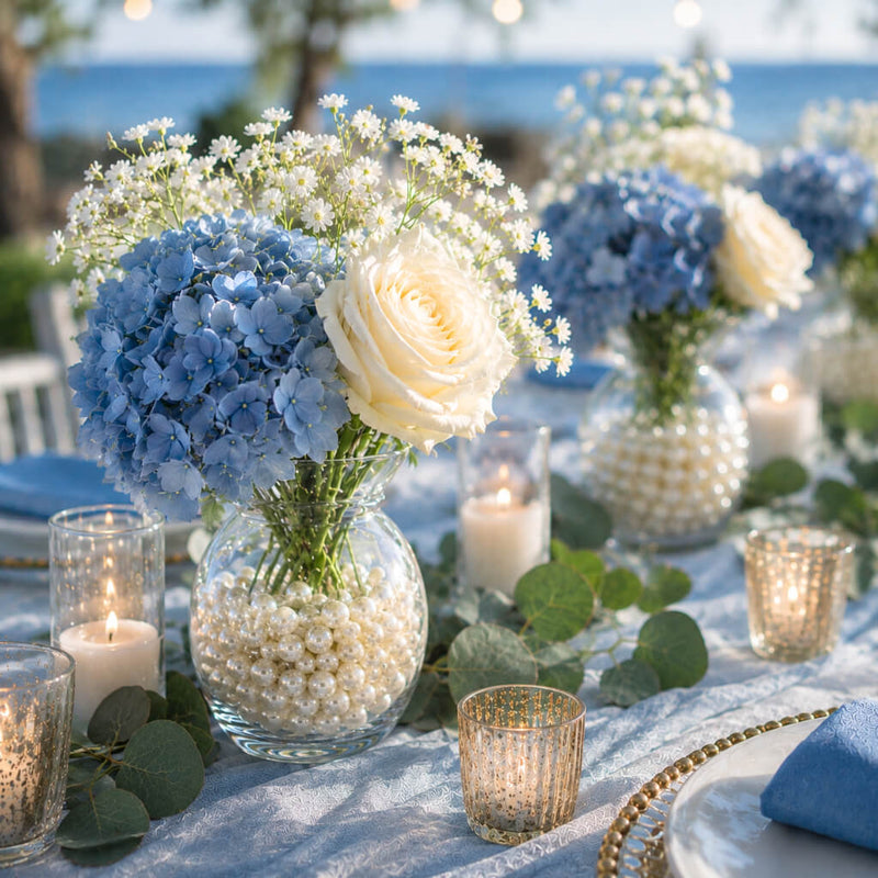 Bud Vase with blue flowers and pearls on a coastal table - thumbnail number 8