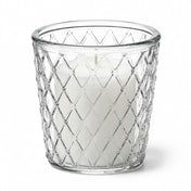 An unlit white pillar candle inside a clear glass Tipper Vase & Candle Holder - thumbnail number 2