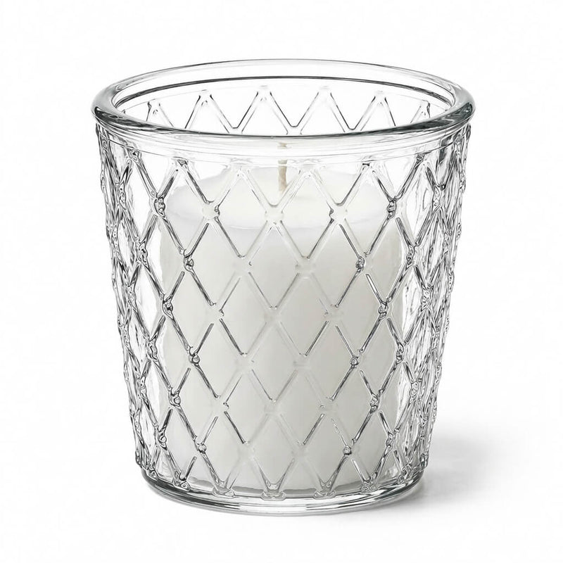 An unlit white pillar candle inside a clear glass Tipper Vase & Candle Holder - thumbnail number 2