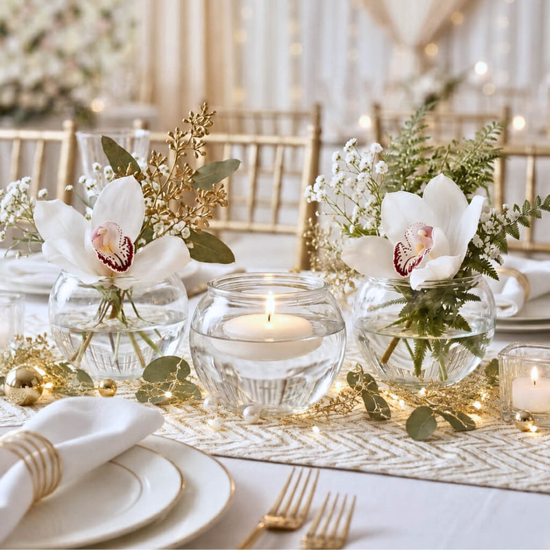 4" bubble vases with orchids and a candle on a gold tablescape - thumbnail number 5