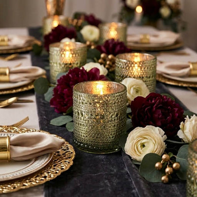 Pearly metallic gold mercury candle holders with elegant floral dining table decor - thumbnail number 5