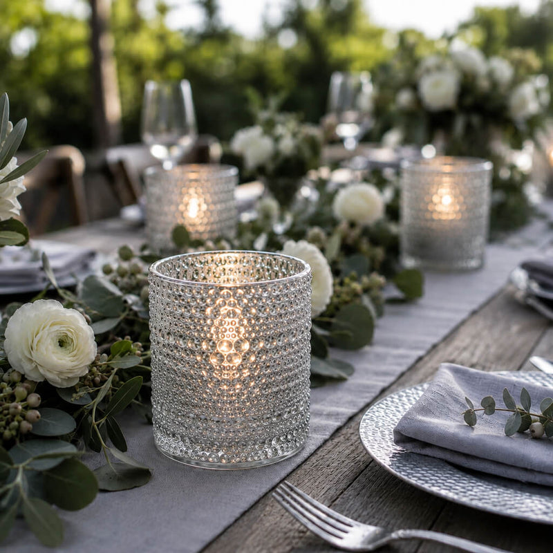 Pearly silver candle holders glowing on an elegant outdoor table with white flowers - thumbnail number 4