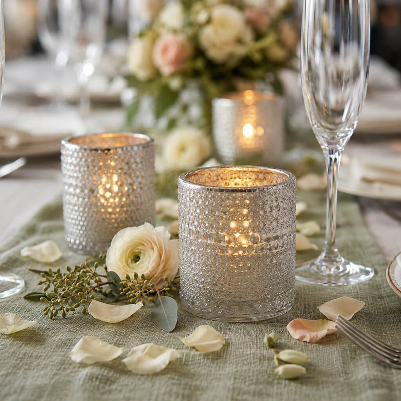 Pearly silver candle holders with floral decor on an elegant dining table - thumbnail number 5