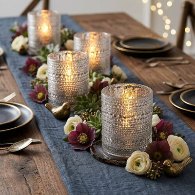 Pearly silver candle holders with floral decor on a rustic wooden dining table - thumbnail number 5