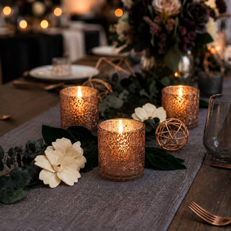 Rose gold mercury candle holders on elegant floral dinner table centerpiece - thumbnail number 4