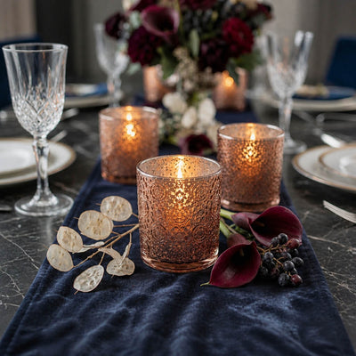 Rose gold mercury candle holders on elegant navy floral dinner table centerpiece - thumbnail number 3