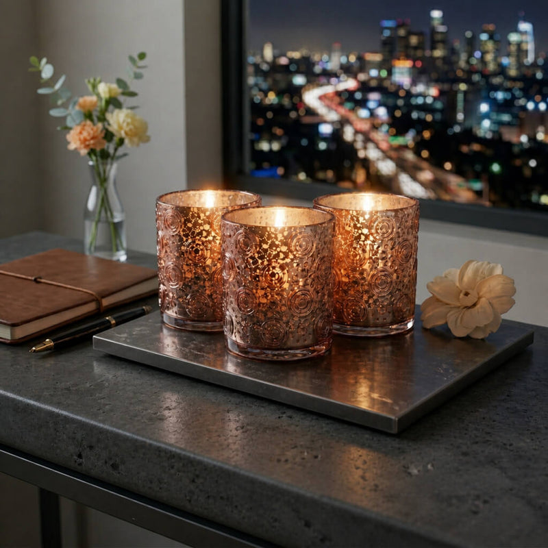 Rose gold mercury candle holders glowing beside window with city lights at night - thumbnail number 6