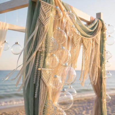 Clear glass ornaments hanging on a beach wedding arch with macrame decor - thumbnail number 4