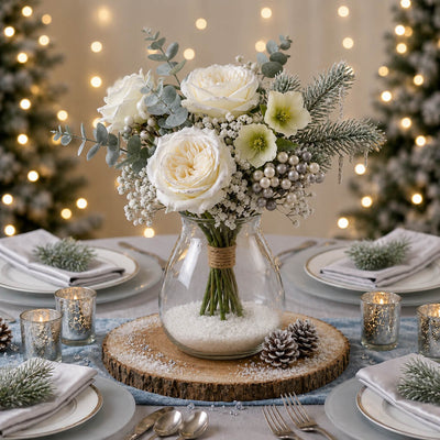 White rose bouquet in a glass vase on a wooden slice for a winter wonderland theme - thumbnail number 5