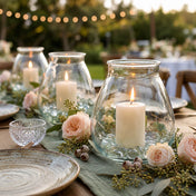 White pillar candles in a Glass Vase Large with floral accents on a garden tablescape - thumbnail number 6