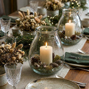 Lit pillar candle with rustic decor inside a Glass Vase Large on a set table - thumbnail number 7