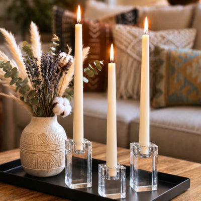 Three lit candles in Square Glass Taper Candle Holders on a tray with a vase - thumbnail number 4