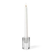 Lit white candle in a Square Glass Taper Candle Holder 3" on a white background - thumbnail number 3