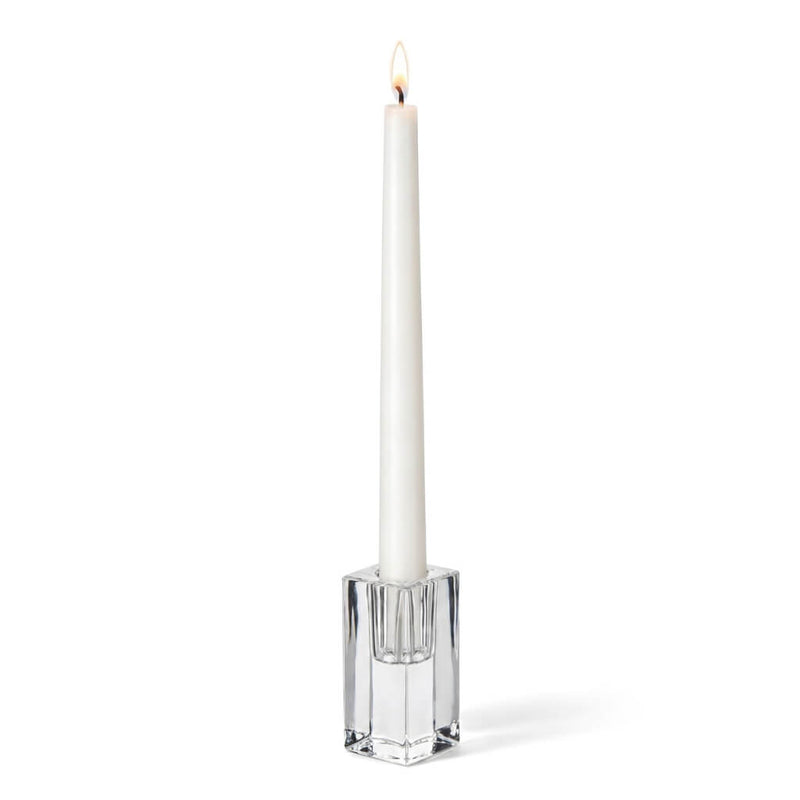 Lit white candle in a Square Glass Taper Candle Holder 3" on a white background - thumbnail number 3