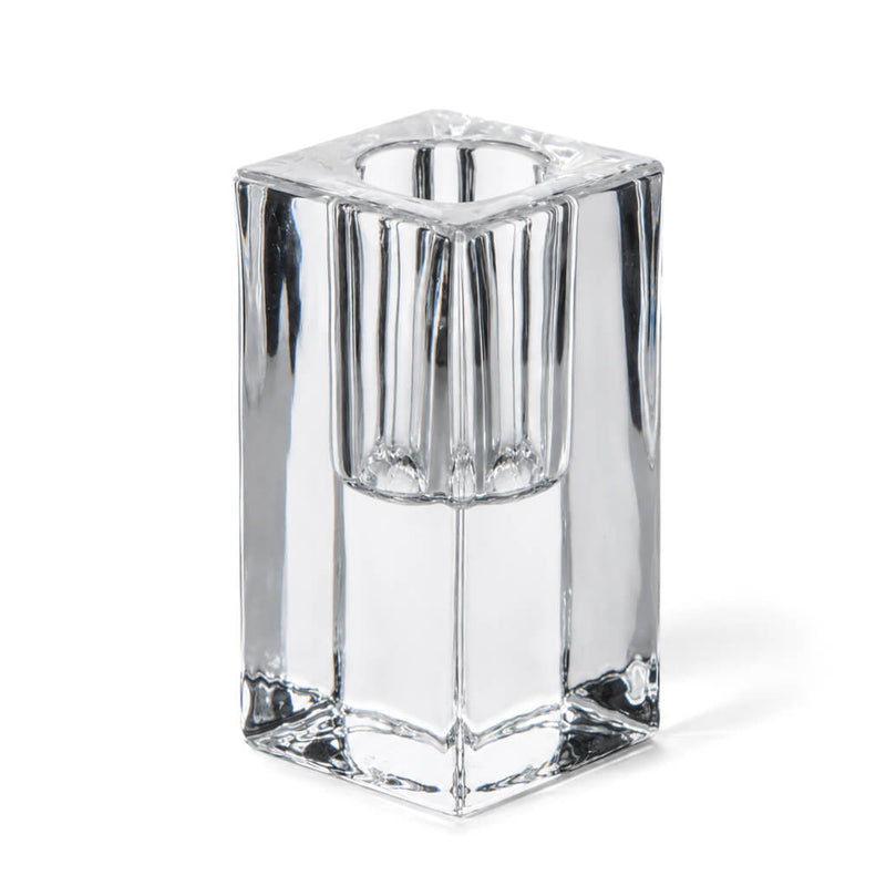 3-inch square clear glass taper candle holder on a white background - thumbnail number 1