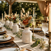 Rustic ceramic vases with orange flowers and greenery set on a rustic outdoor dining table - thumbnail number 3