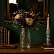 7" Hickory Farmhouse Jar filled with deep red roses and mums on a dark wooden table - thumbnail number 7