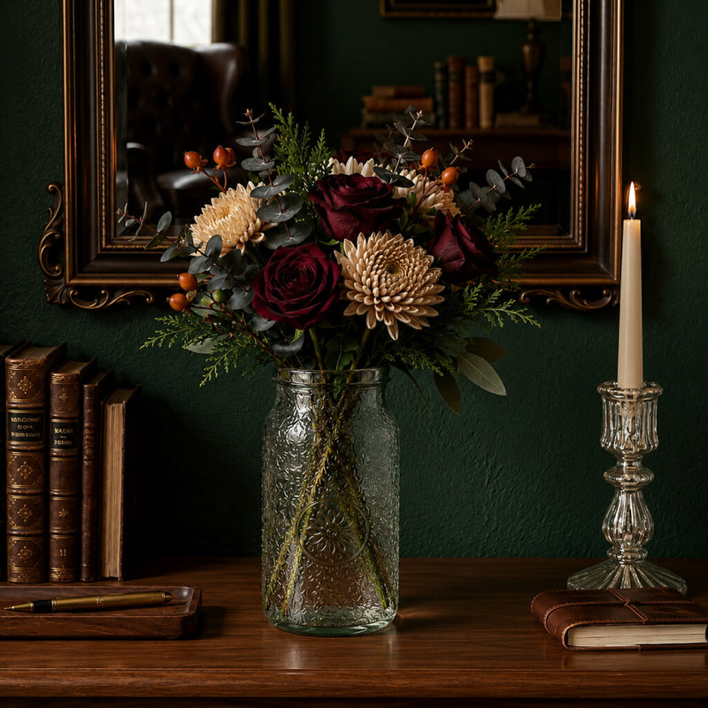7" Hickory Farmhouse Jar filled with deep red roses and mums on a dark wooden table - thumbnail number 7