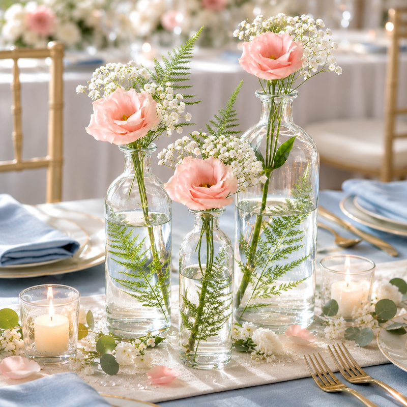Pink flowers in apothecary glass bottles on a blue and white tablescape - thumbnail number 4